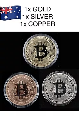 $15.50 • Buy ( 3 Coins) Bitcoin In Plastic Cases Gold Silver Copper Collection Stamps Coin