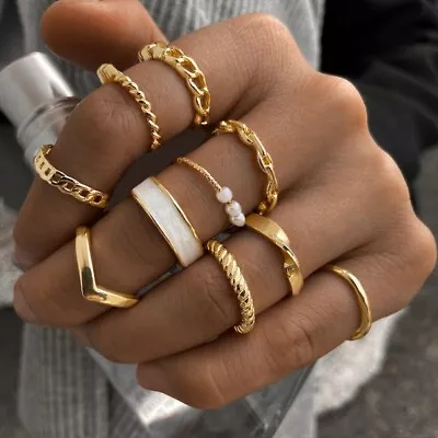 Retro Hollow Inlaid Pearl White Edge Ring 10piece Set • $11.95