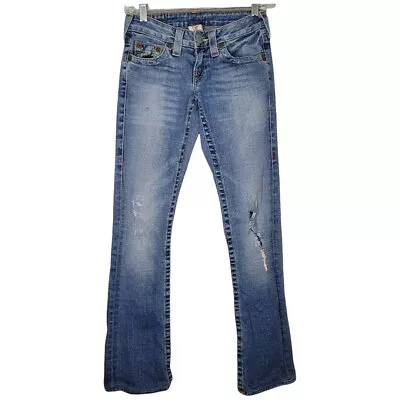 True Religion Womens Size 24 World Tour Section Gina Distressed Denim Blue Jeans • $39.14