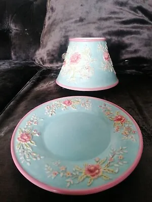 Large YANKEE CANDLE Ceramic SHADE & PLATE Tray Cottage Floral For Candles Rare • £30