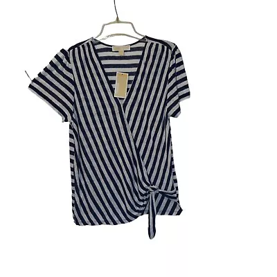Michael Kors NEW Top Crossover Front V-neck Short Sleeve Blue Stripe Size Med • $28.75