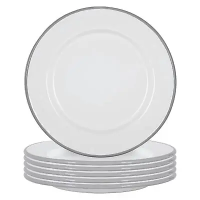 6x White Enamel Dinner Plates Metal Outdoor Camping Food Dishes 25.5cm Grey • £19