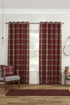 Red Carnoustie Tartan Check Woven Check Blackout Lined Eyelet Ring Top Curtains • £47.99