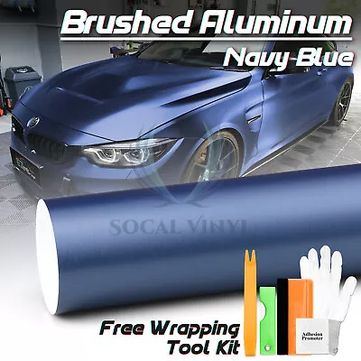 Premium Brushed Aluminum Navy Blue Steel Vinyl Wrap Sticker Decal Air Release • $240.98