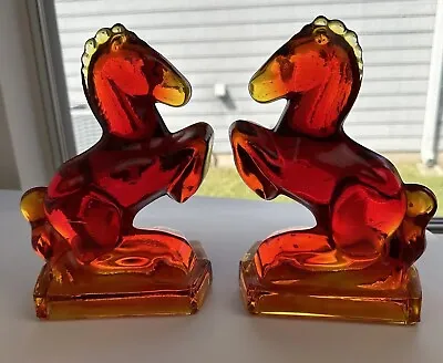 LE Smith Vintage Red Amberina Glass Rearing Horse Bookends Pair • $134.93