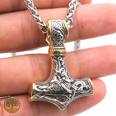 Sturdy Viking/Mjolnir/Thor Hammer Stainless Steel Silver/Gold Pendant Necklace • £8.95