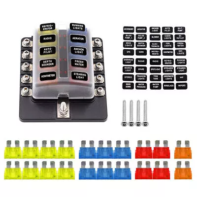 10-Way Blade Fuse Box Block Holder LED Indicator W/ Fuses For 12V 24V Car Marine • $22.32