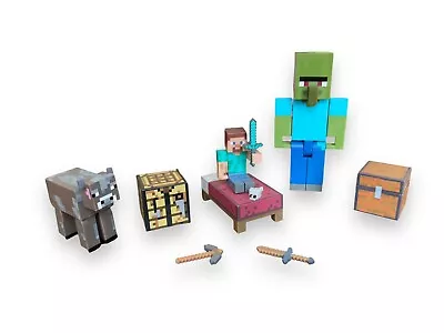 Minecraft Figures Steve Sword Ax Bed Chest Zombie Cow Lot 2017 • $14.96