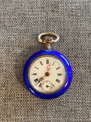 Ladies STERLING SILVER Antique POCKET WATCH Blue French Enamel Fleur-de-lis • $550