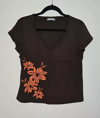 M&S Size 14 Brown V Neck T Shirt 100% Cotton Orange Embroidery Floral Top Sequin • $3.78