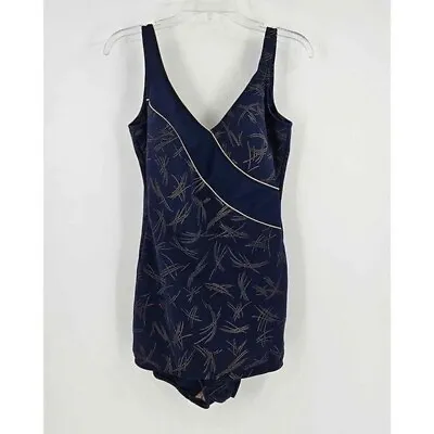 Vintage Robby Len One Piece Skirted Swimsuit Blue Gold Size 12 • $18.80