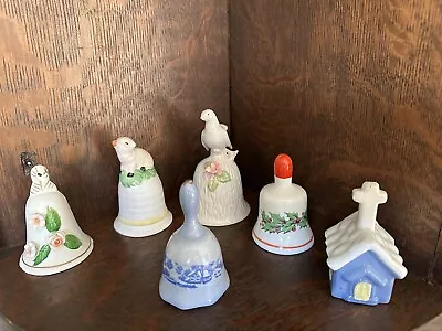 Lot Of 6 Vintage Bells Porcelain Bisque Bells Pig Church Dove Currier Ives • $6.99