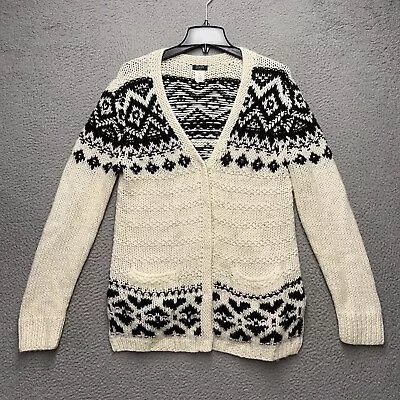 J Crew Cardigan Sweater Womens Medium White Black Fair Isle Wool Blend Casual • $35.95