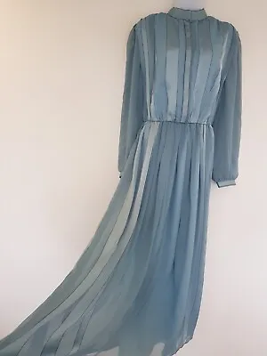 Vintage Maxi Dress Blue Liend Retro Striped High Neck Long Sleeve Long 10 12 UK • $56