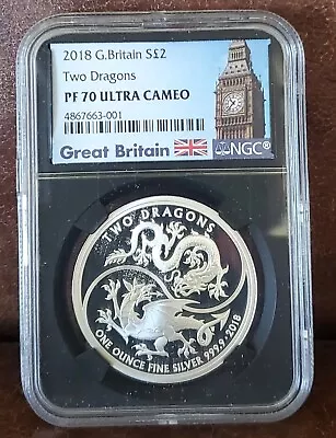 $275 • Buy 2018 NGC PF 70 Ultra Cameo G. BRITAIN 1oz Silver $2  TWO DRAGONS  BLK CORE