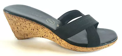 Womens DAMIANI'S Black Leather Cork Wedge Sandals Heels Slip Ons Shoes_Size 8 • $9.99