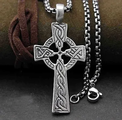 Men Irish CELTIC CROSS Ireland Pendant Necklace Titanium Stainless Steel Jewelry • $18.98