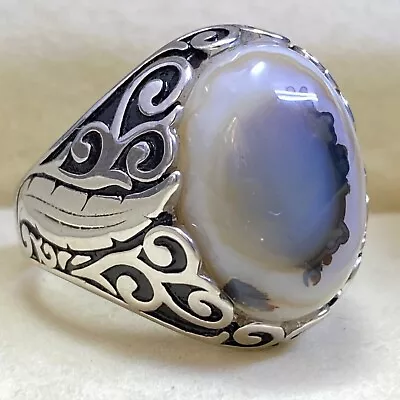 925 Sterling Silver Mens Ring Natural Blue Picture Agate Aqeeq عقيق مصور يماني • $27.72