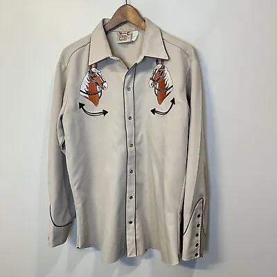 Vintage H Bar C Western Pearl Snap Brown Ranch Wear Shirt Embroidered Horse XL • $149.95