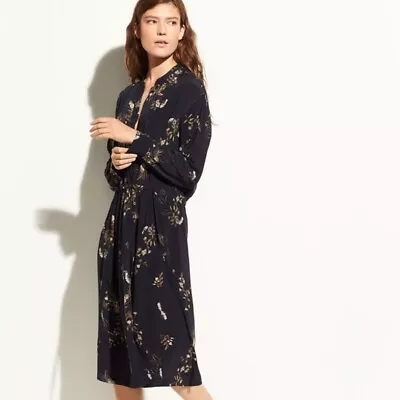 Vince Floral Tie Waist Silk Midi Shirt Dress In Navy Size M • $59