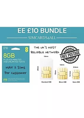 £10 Preloaded EE Sim Card Bundle Deal 8GB Data 500 Mins Unlimited Texts • £3.99