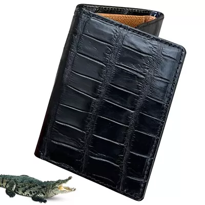 Black Tan Mens Crocodile Leather Trifold Wallet RFID Blocking Gift For Him • £84