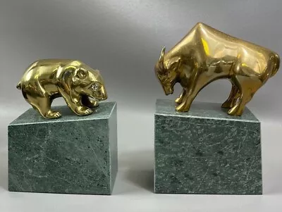 L👀K Wall Street Bear And Bull Brass Bookend Set Stock Market Heavy Marble Base • $59.95