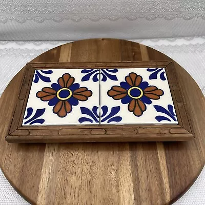 Vtg Mexico 2 Tile Hand Carved Footed Wood Trivet • $18