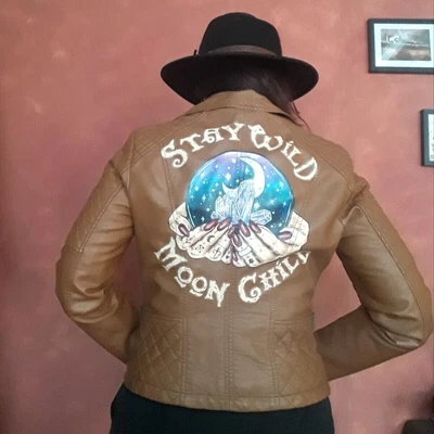 £10 • Buy Oasis Hand Painted PU Leather Biker Jacket Tan Size M 'Stay Wild Moon Child'