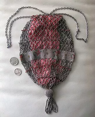 Antique Drawstring Silver Red Floral French Steel Micro Bead Tassel Lined Purse • $75