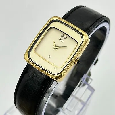 Vintage Unisex CITIZEN Gold Plated Diamond Accent Black Leather Watch 26mm Runs • $31.49