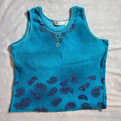 Victoria Jones Women's Tank Top Size XL Turquoise Paisley Pattern Sequins Summer • $7