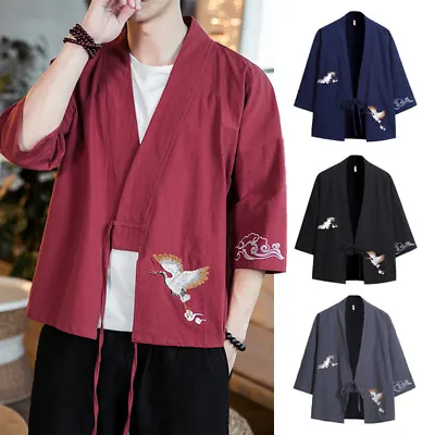 Mens Cardigan Kimono Shirt Samurai Japanese Chef Male Yukata Jacket Tops Coat • £21.23