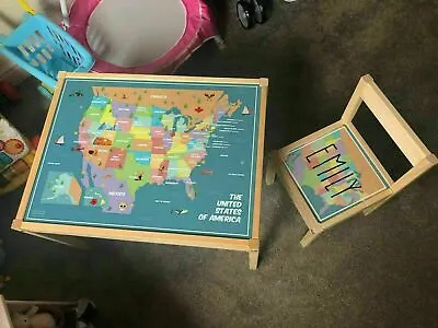 Personalised Children's Ikea LATT Wooden Table And 1 Chair Printed USA Map • £55