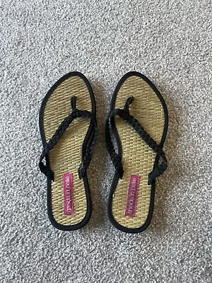 Moda In Pelle Black Flat Sandals Flip Flops Size 4/5 Plaited Fabric & Hessian • £4.99