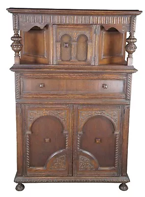 Antique English Jacobean Style Carved Oak Court Cupboard Hutch Sideboard Dry Bar • $1997.50