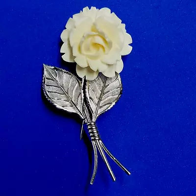 Vintage Van Dell Signed 720 12K GF Rose Brooch Pin White Carved Rose With Leaves • $12.95