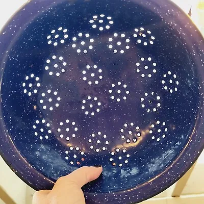 Vintage Blue Enamel Colander Food Strainer Bowl Iron With Flowers Handles As-Is • $16.99