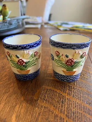 2 Made In Japan Majolica Tea Cups Hand Painted 1940s Blue And White • $18