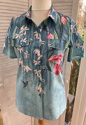 £8 • Buy Womens Blue Tropical Print Shirt Hummingbirds & Orchids Size Medium / UK 14