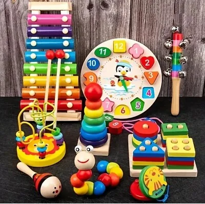 9 In 1 Wooden Montessori ToysRattle Bell Beaded Drum Column Set Musical • $25