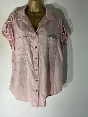 Womens Matalan Size Uk 14 Pink Stripe Short Sleeve Casual Summer Shirt Blouse • £9.99