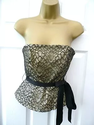 COAST Ladies Size 10 Black Gold Beige Lace Belted Boned Bandeau Party Corset Top • £12