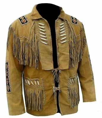 Men’s Native American Cowboy Buckskin Leather Jacket Coat With Fringes Brown • $134.99