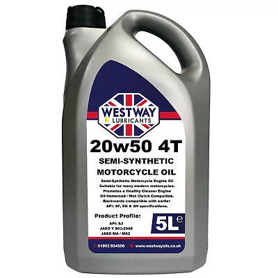 20W50 Motorcycle Oil 4 Stroke Semi-Synthetic API SJ JASO MA MA2 20W-50 5 Litres • £30.99