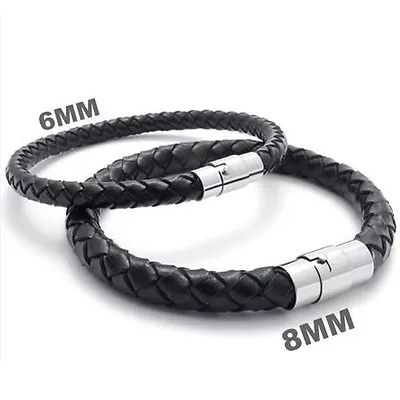  Mens Real Leather Braided Wristband Bracelet Stainless Steel Clasp 6mm • £4.50