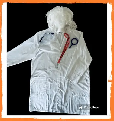 Mad Scientist Halloween Costume White Lab Coat & Wig & Magnifying Glass Beaker + • $47