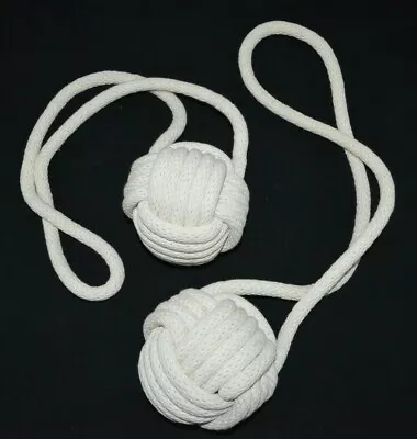 Set 2 Nautical Beach Knot Knotted Monkey Fist Curtain Tie Back Natural Rope Pair • $14.99