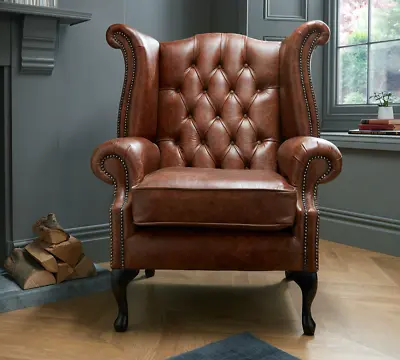 FAST DELIVERY Chesterfield Highback Queen Anne Chair Genuine Vintage Tan Leather • £699.99