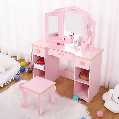 Girls' Wood Vanity Makeup Table And Stool Set With Mirror & Drawer For Age 4-9 • $88.49